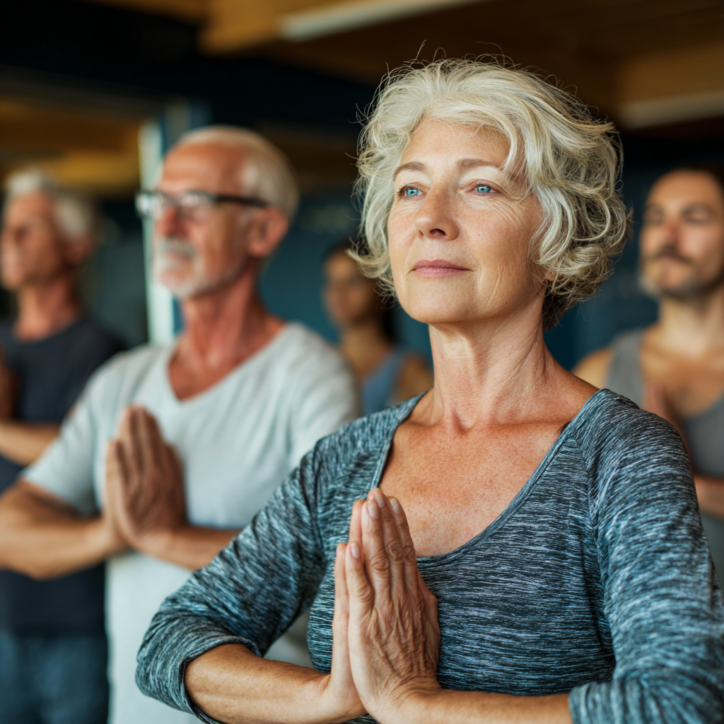 Group of older adults practicing mindful yoga movements in peaceful studio environment