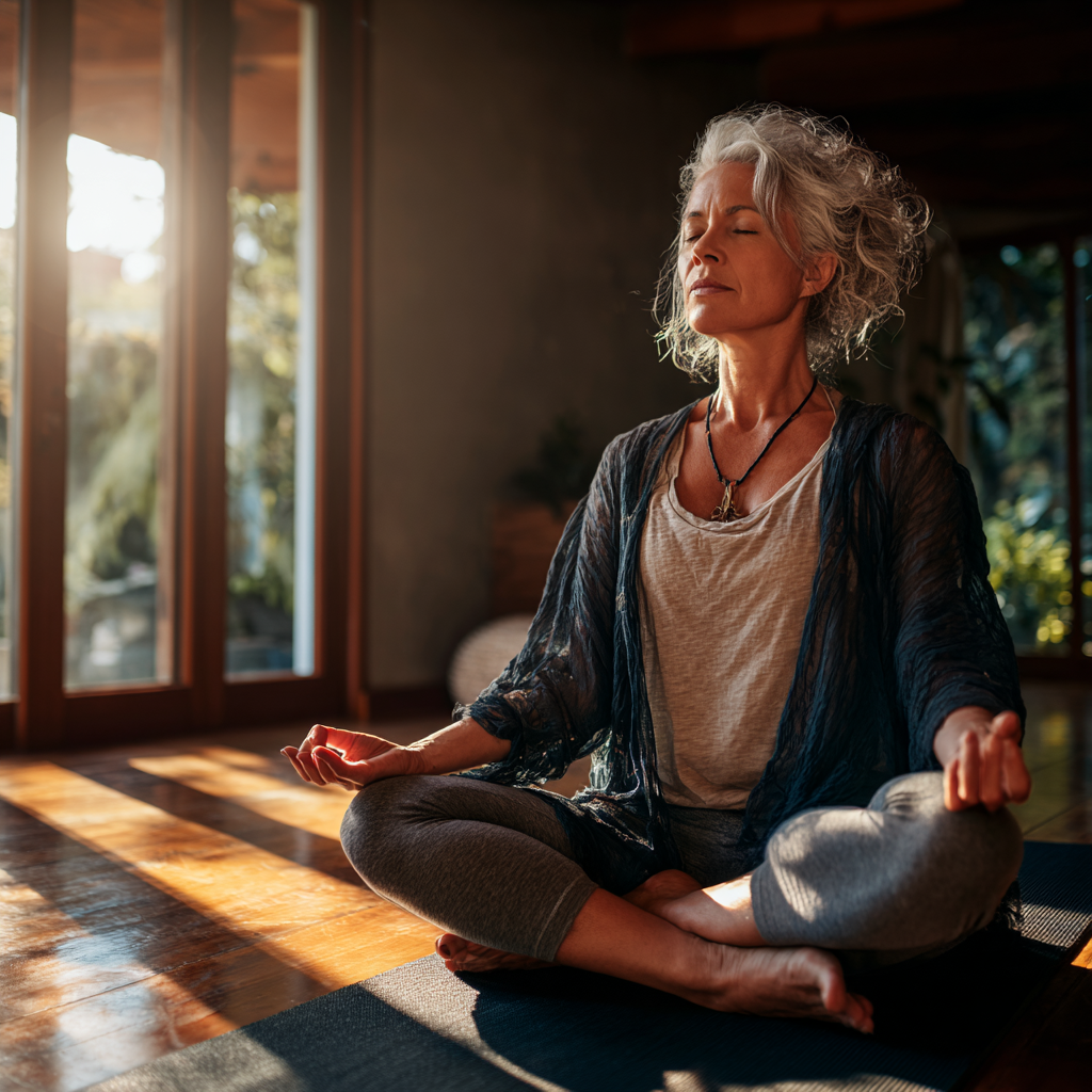 Middle-aged woman practicing gentle yoga poses in natural indoor setting